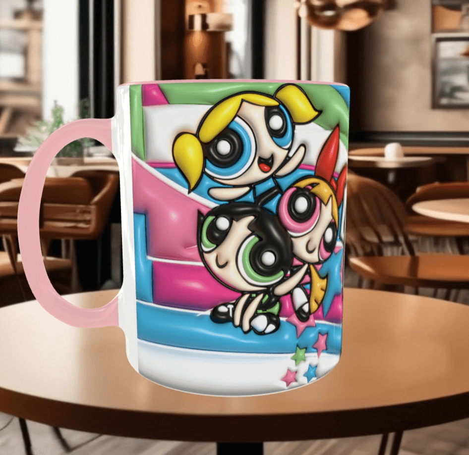 Power puff Baskı içi ve Kulpu Renkli Kupa