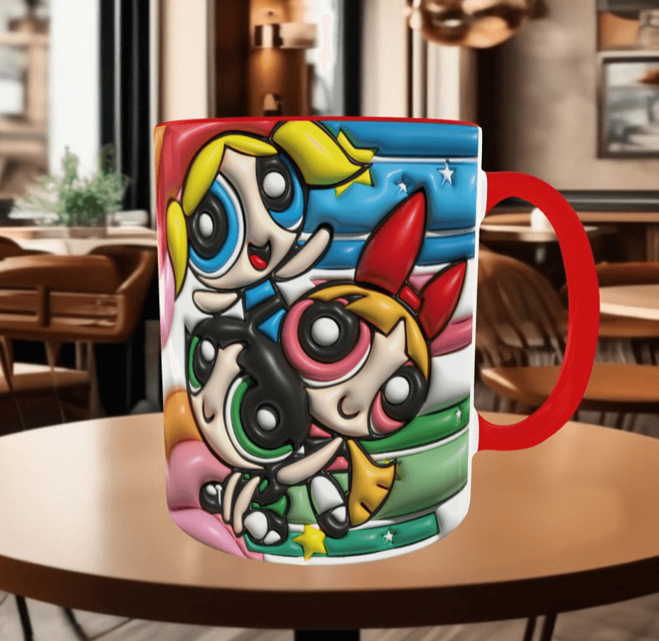 Power puff Baskı içi ve Kulpu Renkli Kupa