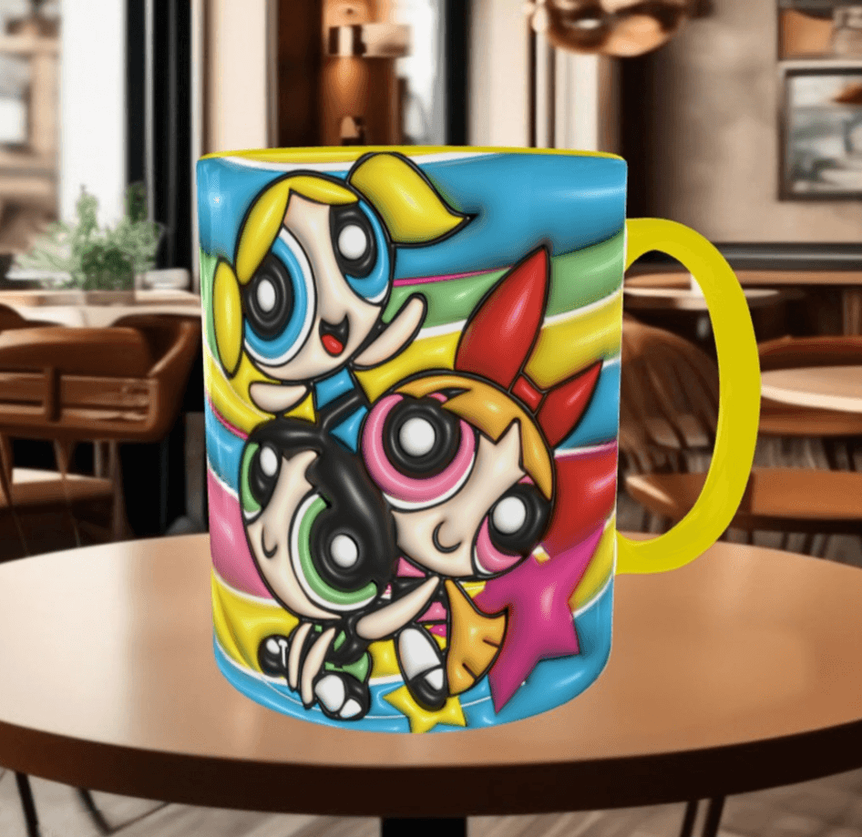 Power puff Baskı içi ve Kulpu Renkli Kupa