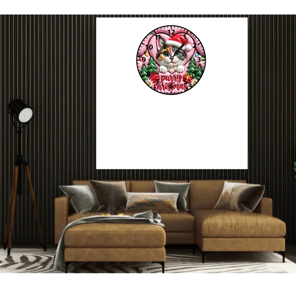 Sevimli kedi yılbaşı noel christmas baskı metal duvar saati hediyelik ev dekorasyon