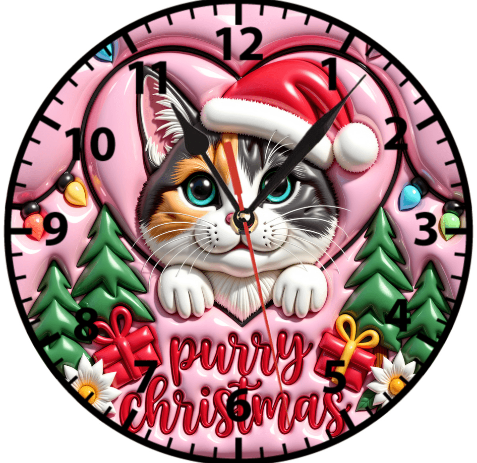 Sevimli kedi yılbaşı noel christmas baskı metal duvar saati hediyelik ev dekorasyon
