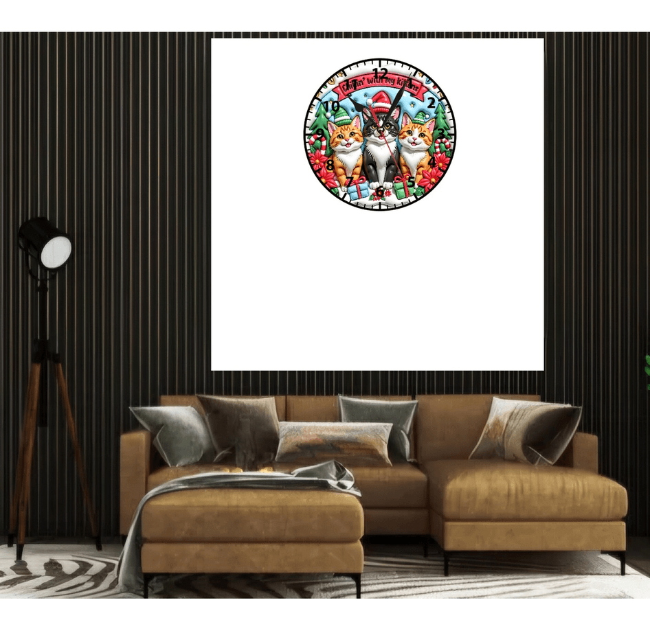 Sevimli kediler yılbaşı noel christmas baskı metal duvar saati hediyelik ev dekorasyon