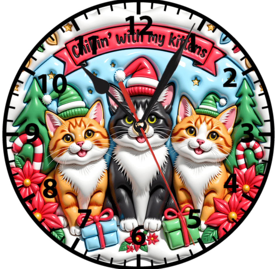 Sevimli kediler yılbaşı noel christmas baskı metal duvar saati hediyelik ev dekorasyon