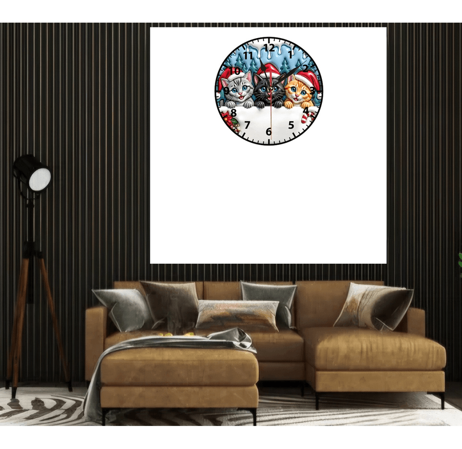 Sevimli kediler yılbaşı noel christmas baskı metal duvar saati hediyelik ev dekorasyon