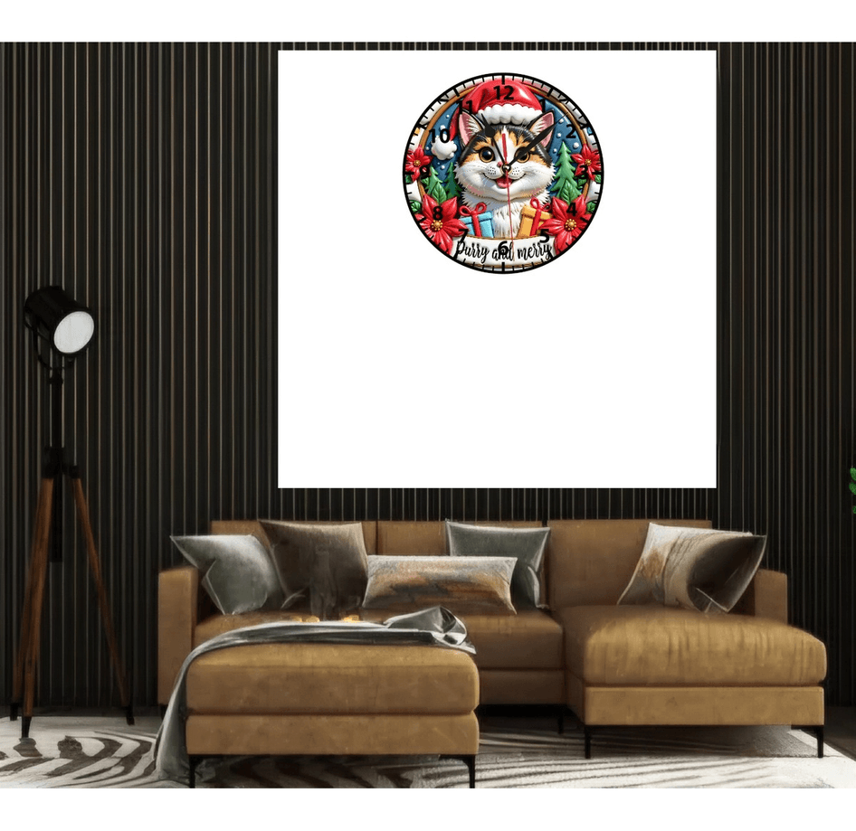 Sevimli kedi yılbaşı christmas noel baskı metal duvar saati hediyelik ev dekorasyon