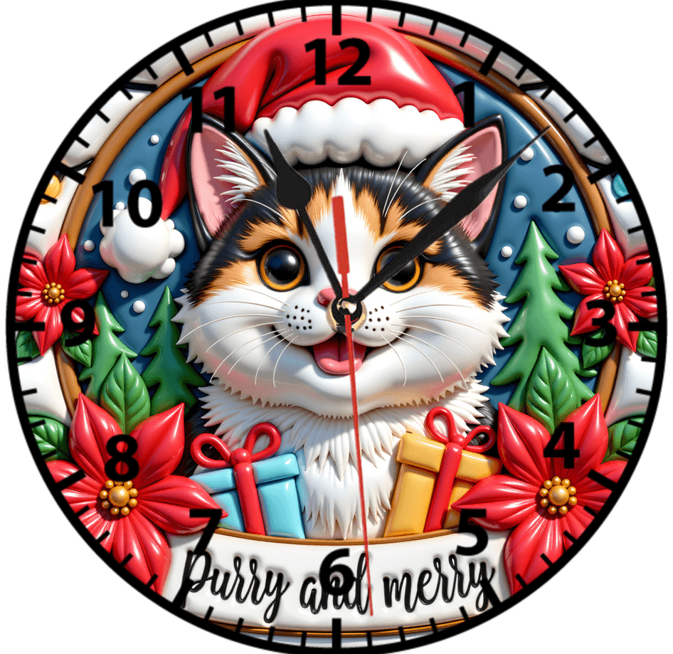 Sevimli kedi yılbaşı christmas noel baskı metal duvar saati hediyelik ev dekorasyon