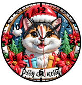Sevimli kedi yılbaşı christmas noel baskı metal duvar saati hediyelik ev dekorasyon