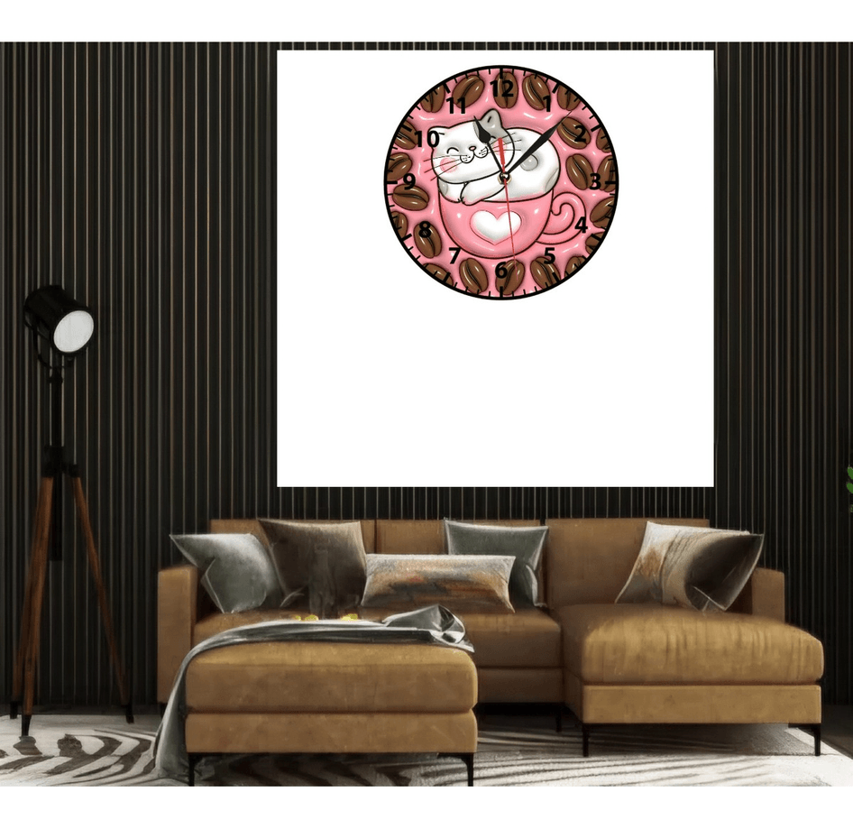 Kahve ve kedi baskı metal duvar saati hediyelik ev dekorasyon