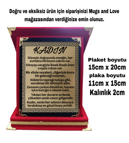 Dünya kadınlar günü özel plaket, kadınlar günü en anlamlı, en güzel hediye orta boy